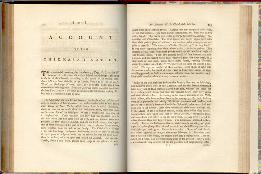 Photo of an open book called A History of the American Indians by James Adair - Chapter reading An Account of the Ckickasaw Nation