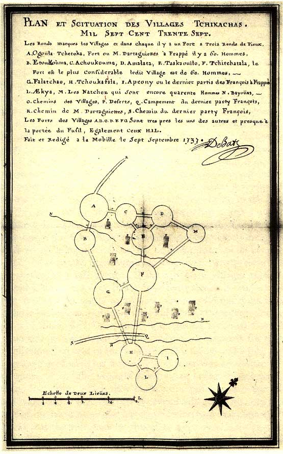 Figure 8  - De Batz 1737 "Plan and Situation of the Chickasaw Villages" - All images are copyright protected. Please contact the author, Stephen R. Cook to purchase rights to use these images.