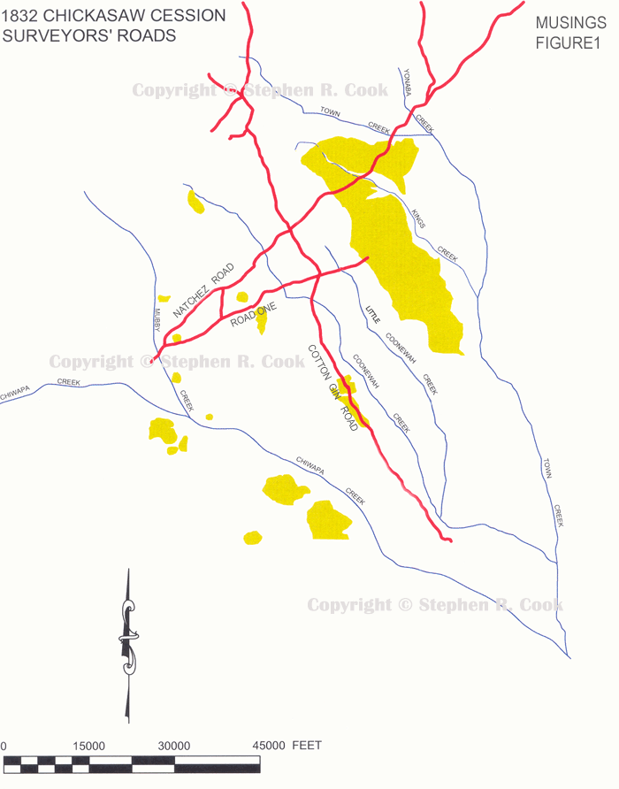 Musings Figure 1 - 1832 Chickasaw Cessions Surveyors Roads Little Coonewah Creek - All images are copyright protected. Please contact the author, Stephen R. Cook to purchase rights to use these images.